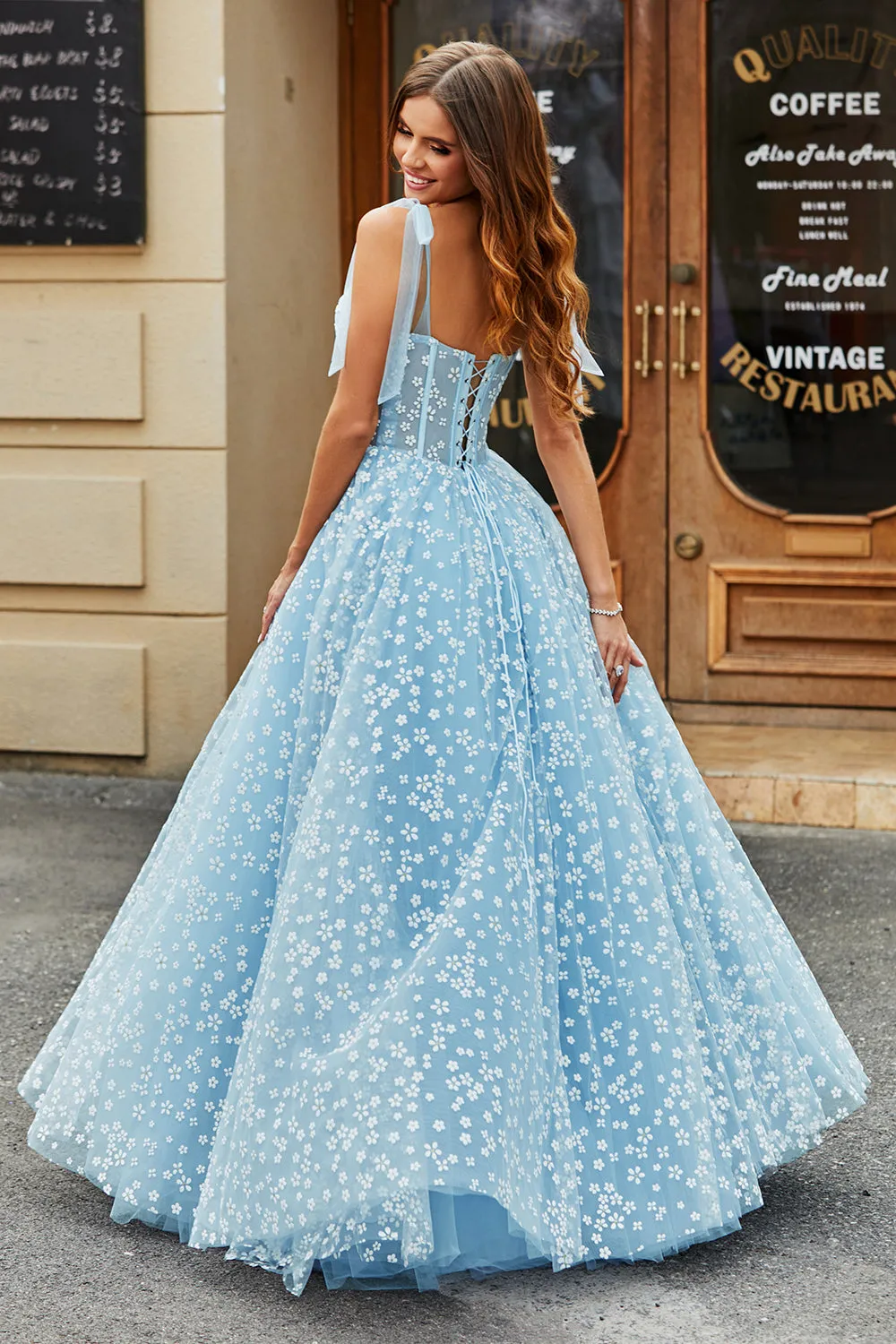 Spaghetti Straps Sky Blue A-Line Corset Prom Dress with Florals sold by Zapaka product image thumbnail 2