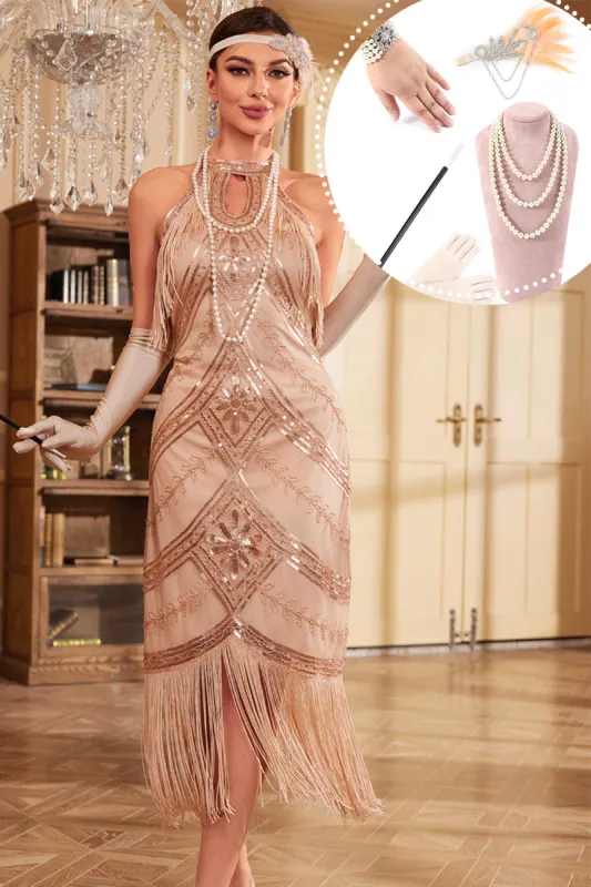 Sparkly Champagne Round Neck Sequins Fringed 1920s Dress with Accessories Set sold by Zapaka