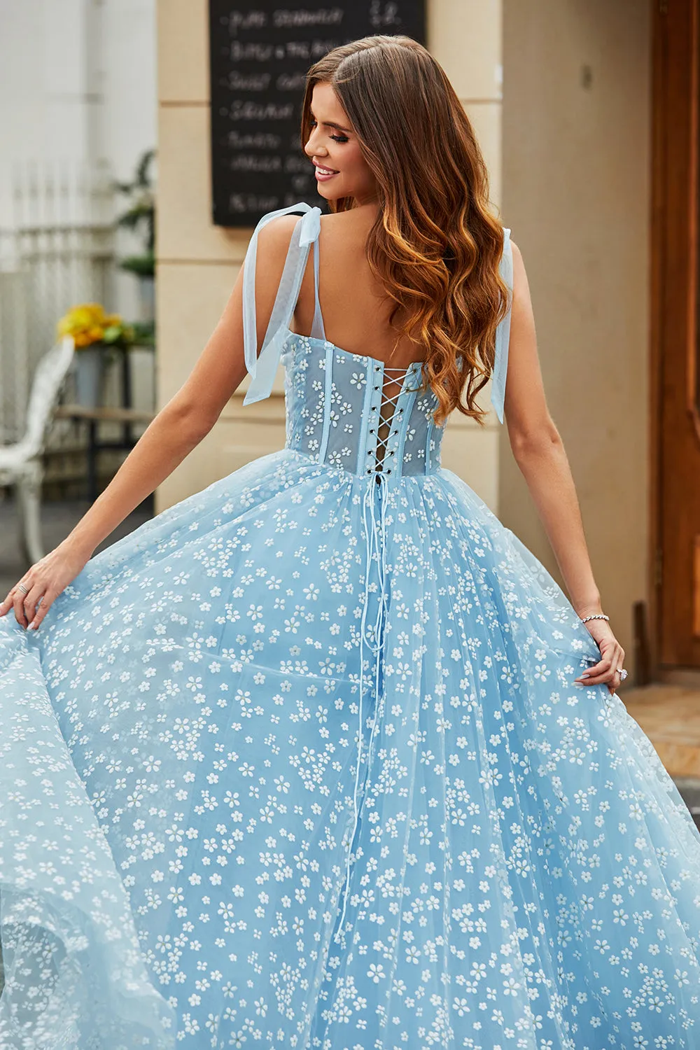 Spaghetti Straps Sky Blue A-Line Corset Prom Dress with Florals sold by Zapaka product image thumbnail 5