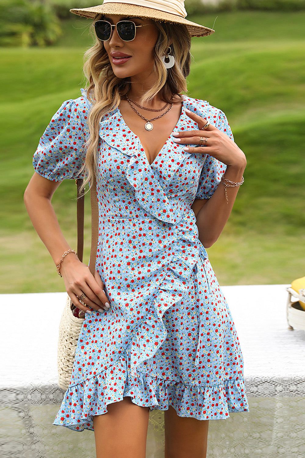 Blue Tiny Floral Wrap Summer Dress sold by Zapaka product image thumbnail 5