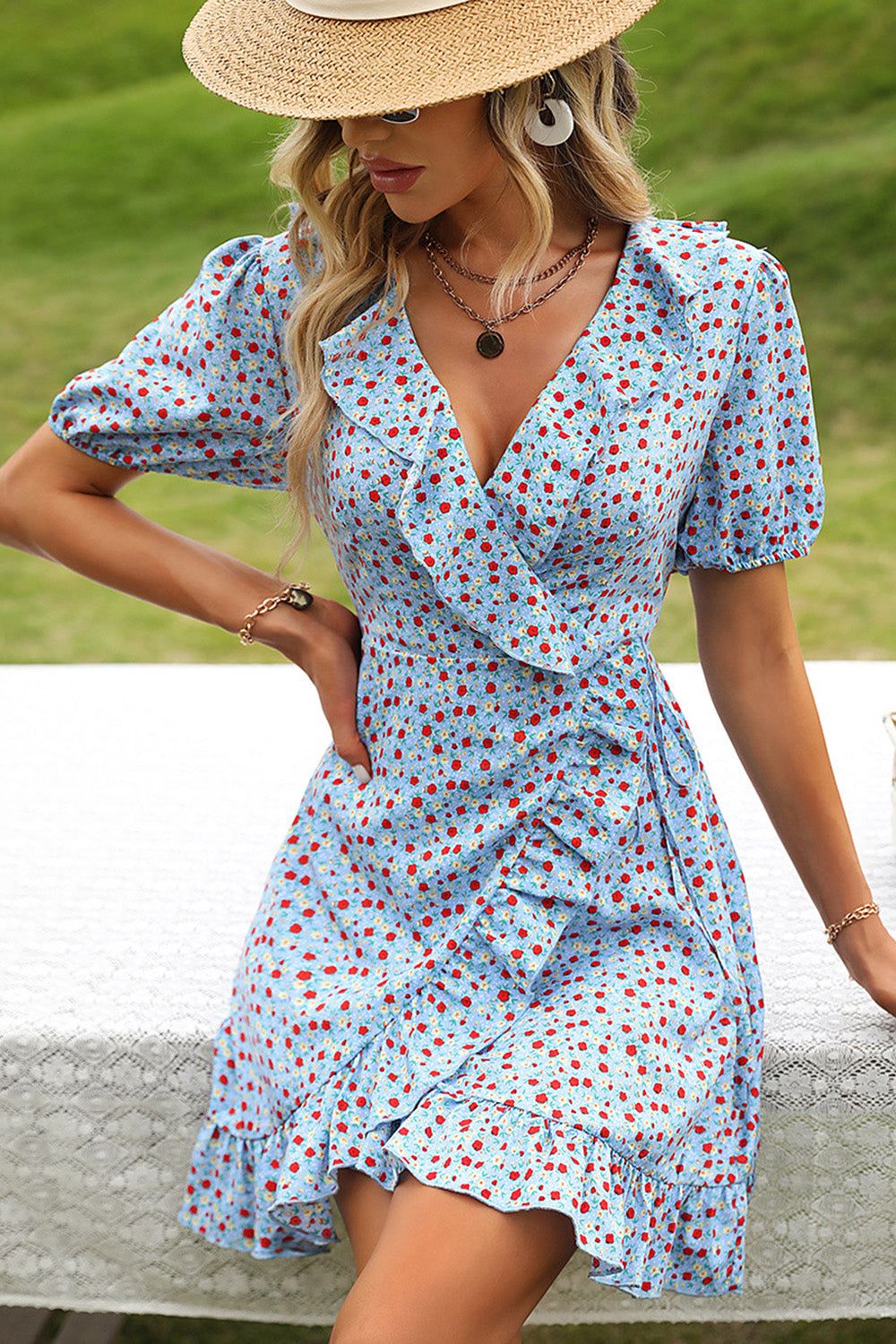 Blue Tiny Floral Wrap Summer Dress sold by Zapaka product image thumbnail 3