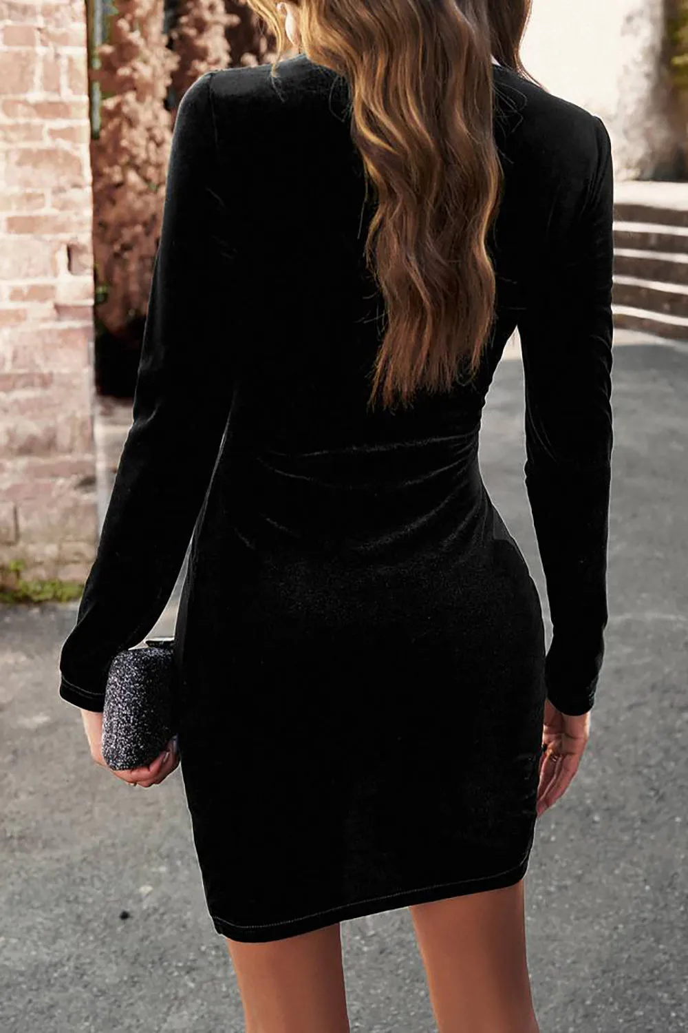 Black Bodycon Round Neck Long Sleeves Velvet Party Dress sold by Zapaka product image thumbnail 2