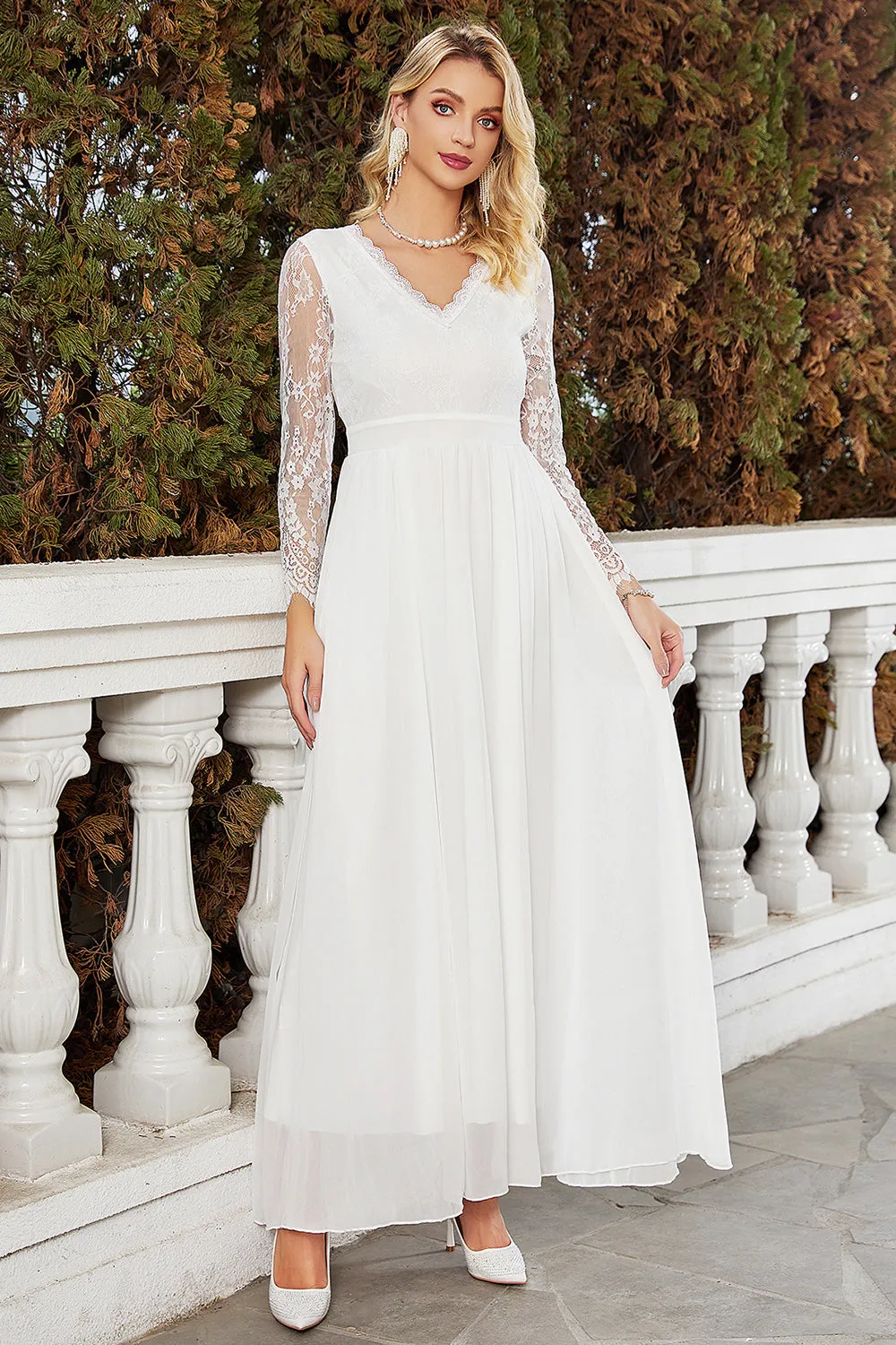 White A-Line V-Neck Chiffon Wedding Dress With Long Sleeves sold by Zapaka product image thumbnail 3