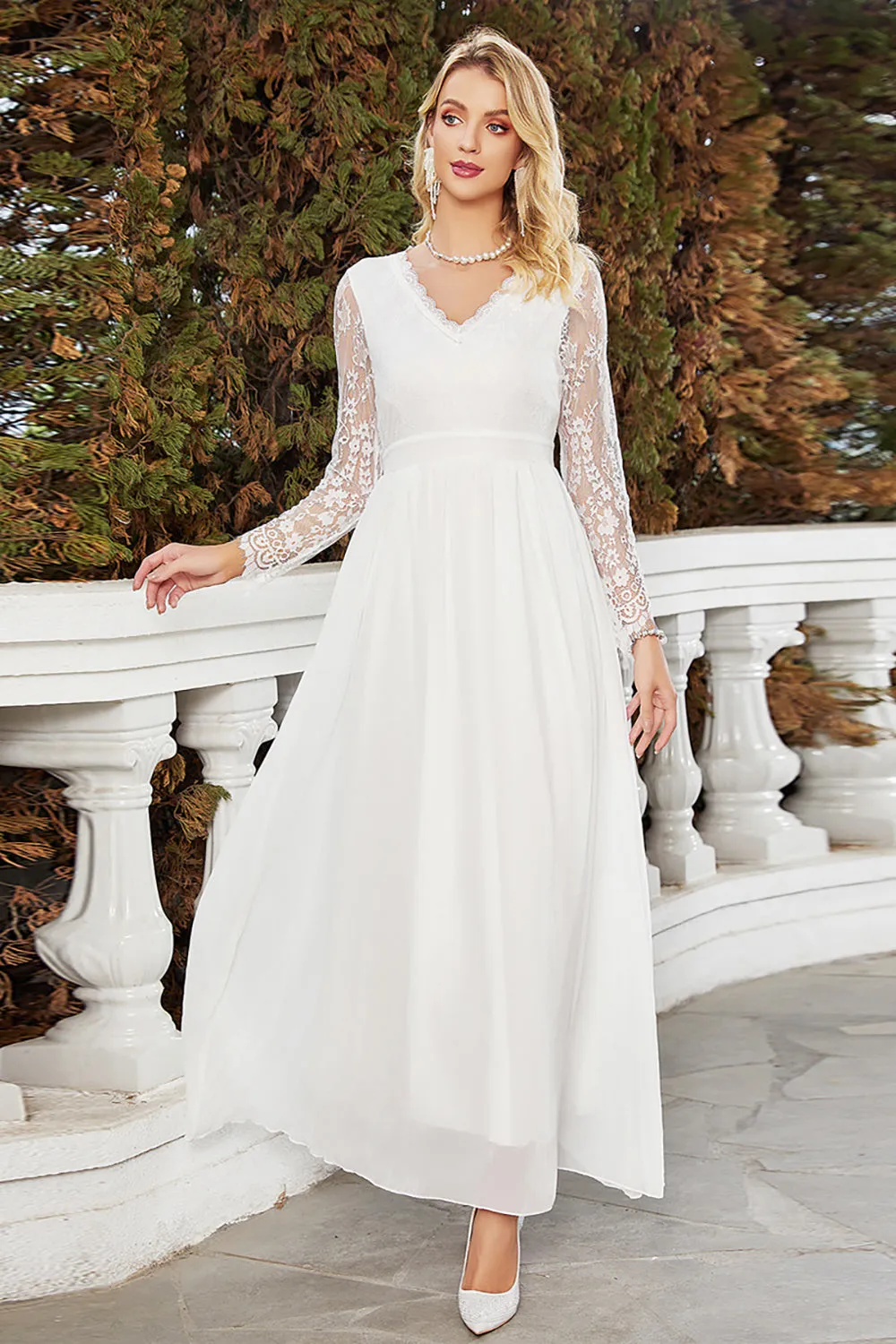 White A-Line V-Neck Chiffon Wedding Dress With Long Sleeves sold by Zapaka