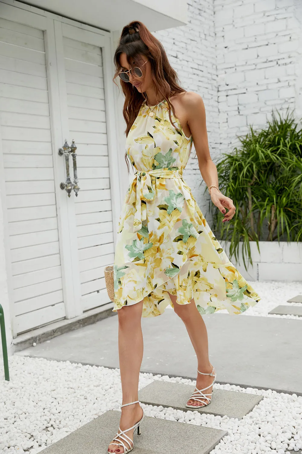 Yellow Halter Floral Printed Summer Dress With Ruffles sold by Zapaka product image thumbnail 4