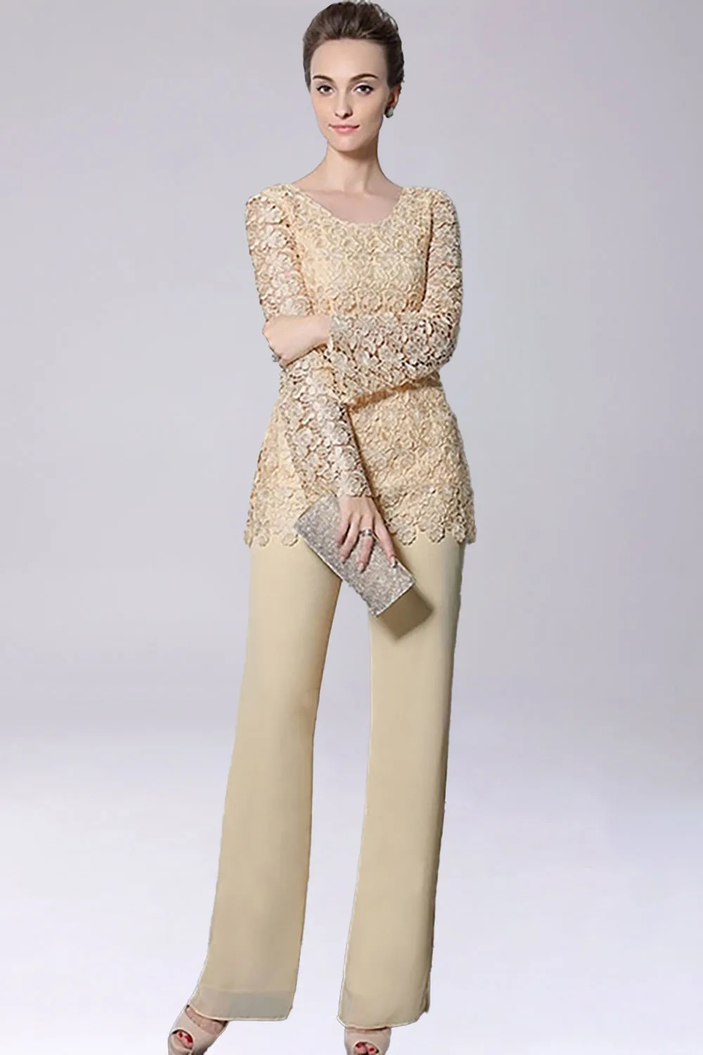 Champagne Jumpsuit/Pantsuit Separates Chiffon Mother of the Bride Dress With Appliques sold by Zapaka product image thumbnail 3