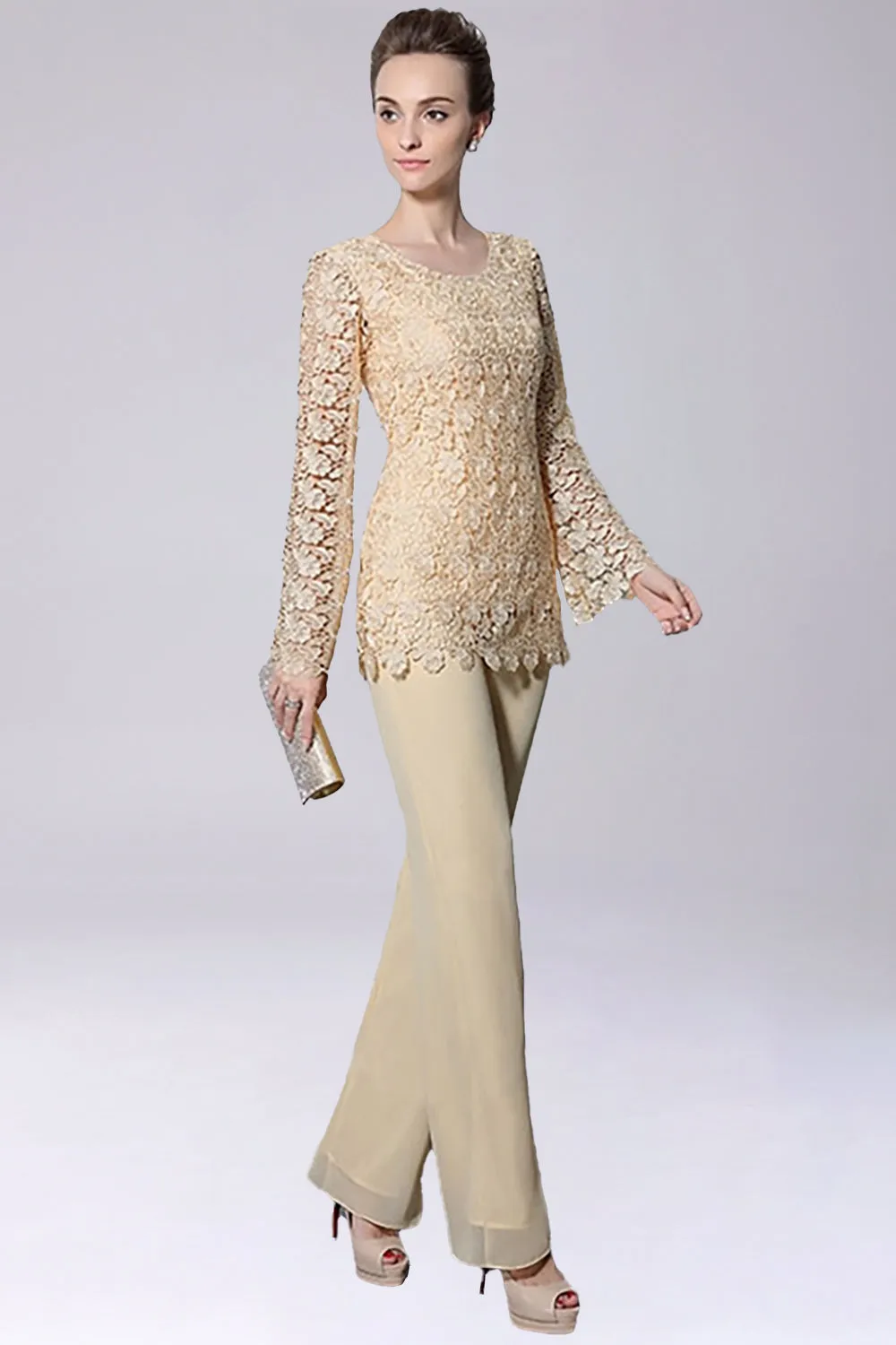 Champagne Jumpsuit/Pantsuit Separates Chiffon Mother of the Bride Dress With Appliques sold by Zapaka product image thumbnail 4