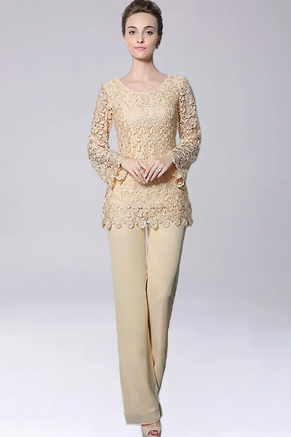 Champagne Jumpsuit/Pantsuit Separates Chiffon Mother of the Bride Dress With Appliques sold by Zapaka