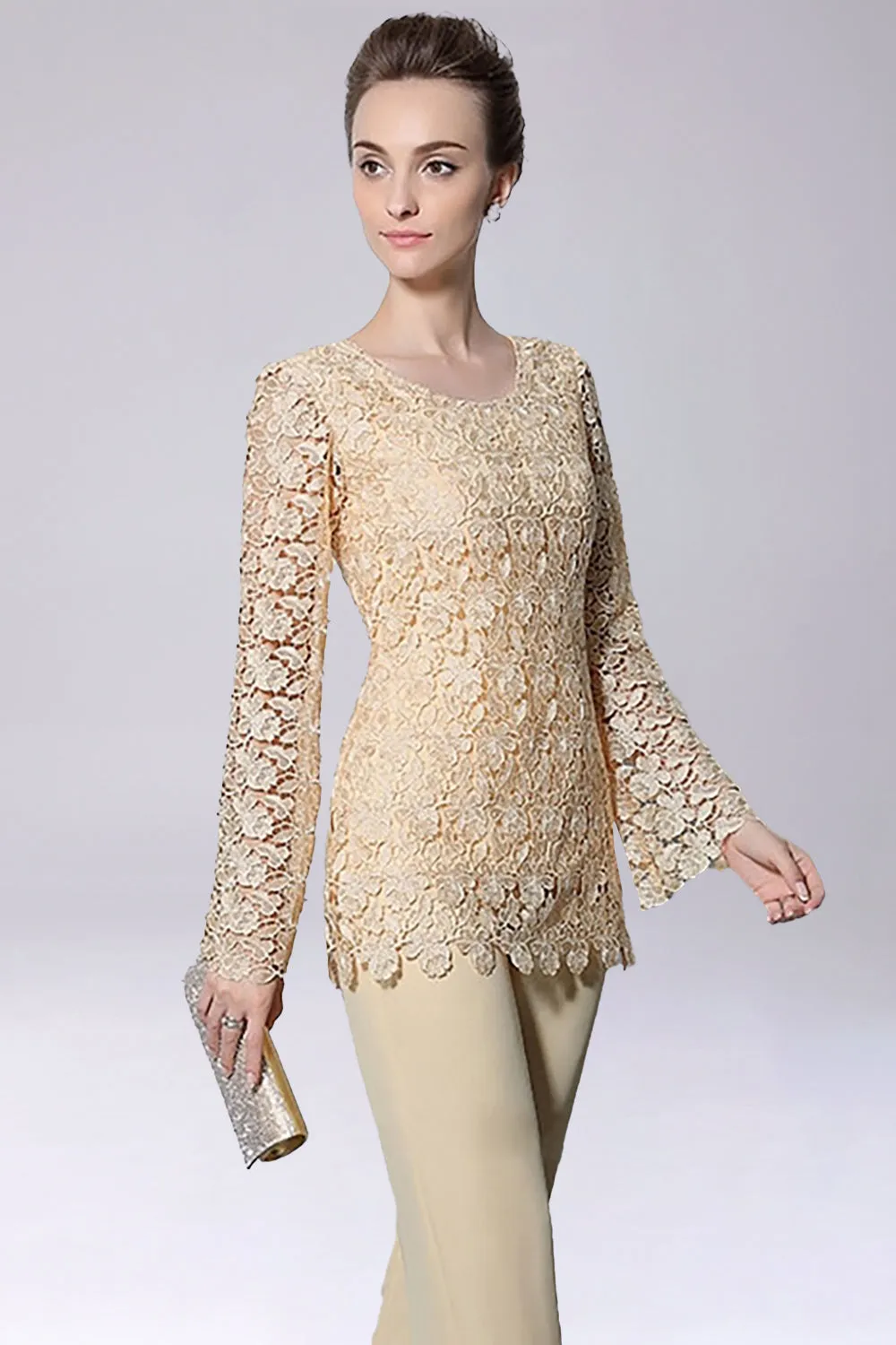 Champagne Jumpsuit/Pantsuit Separates Chiffon Mother of the Bride Dress With Appliques sold by Zapaka product image thumbnail 5