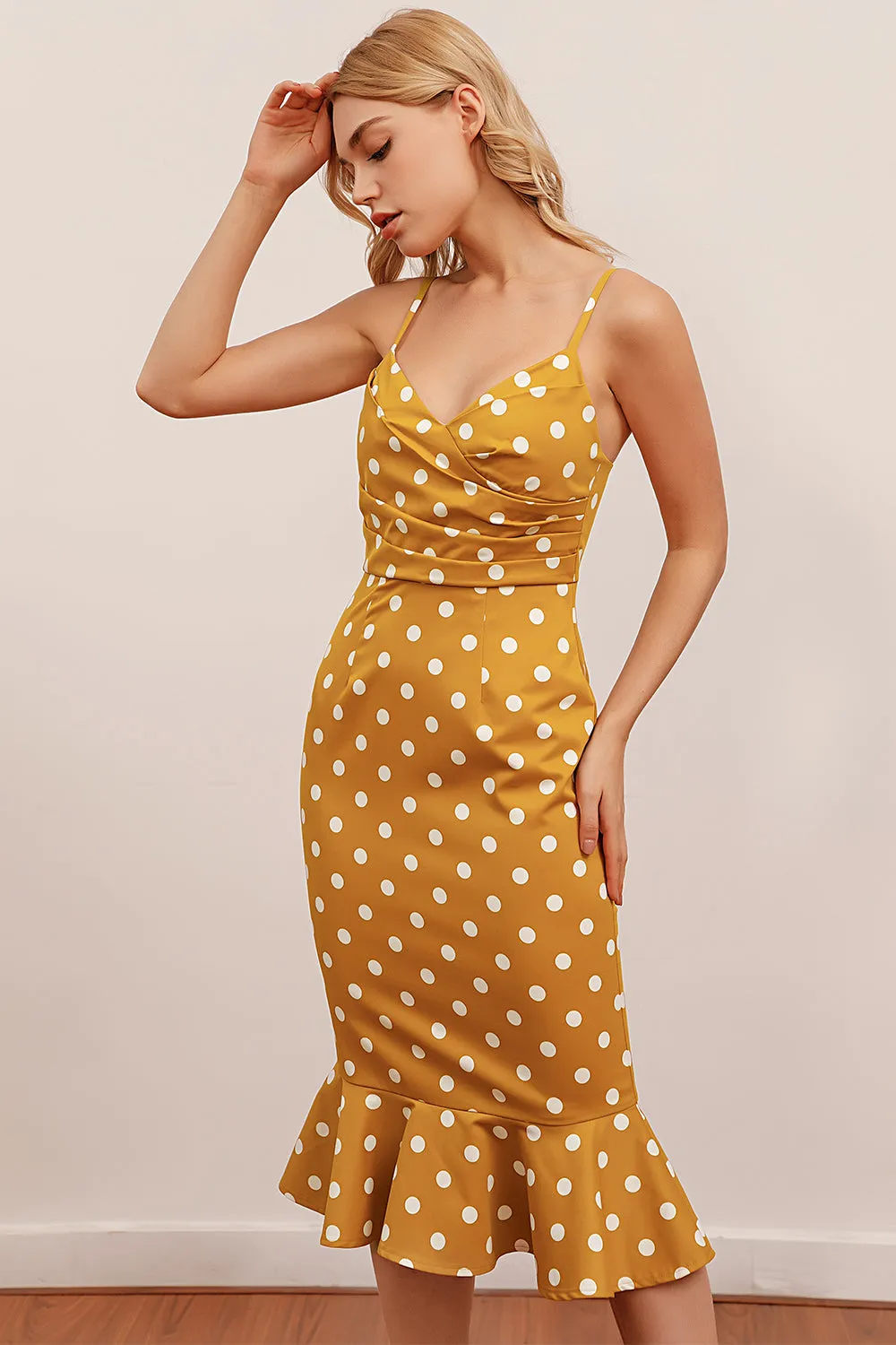 Yellow Mermaid Spaghetti Straps White Polka Dots Dress sold by Zapaka product image thumbnail 4