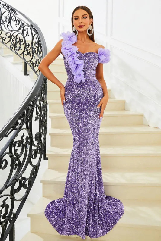 Purple Sequins Mermaid Off the Shoulder Prom Dress sold by Zapaka