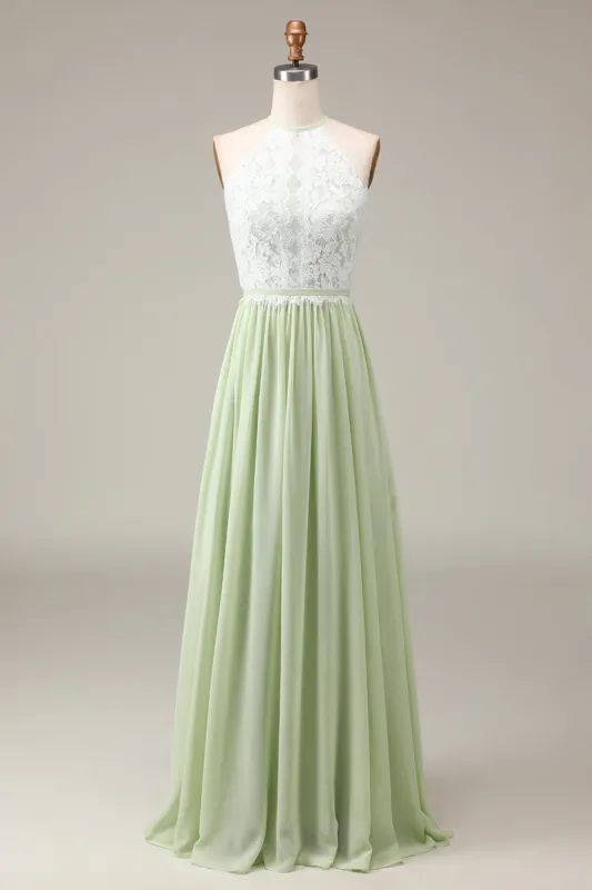 Dusty Sage Halter Neck Lace and Chiffon A-line Floor Length Bridesmaid Dress sold by Zapaka