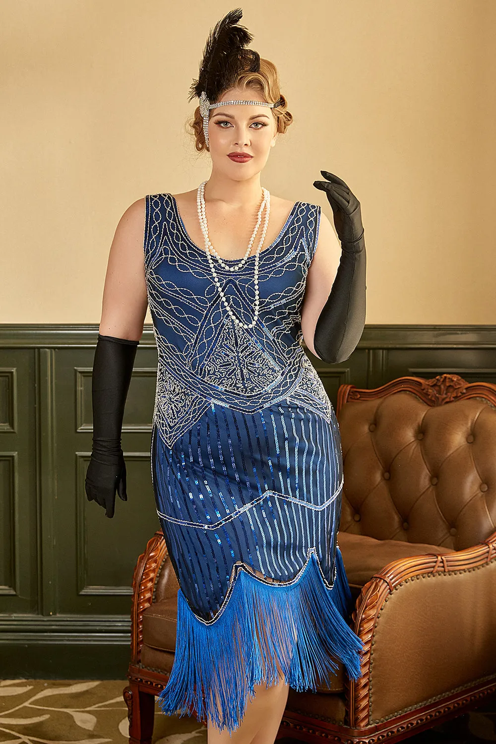Royal Blue Sequined 1920s Plus Size Gatsby Dress with 20s Accessories Set sold by Zapaka product image thumbnail 2