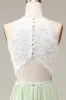 Dusty Sage Halter Neck Lace and Chiffon A-line Floor Length Bridesmaid Dress sold by Zapaka