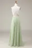 Dusty Sage Halter Neck Lace and Chiffon A-line Floor Length Bridesmaid Dress sold by Zapaka