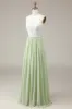 Dusty Sage Halter Neck Lace and Chiffon A-line Floor Length Bridesmaid Dress sold by Zapaka