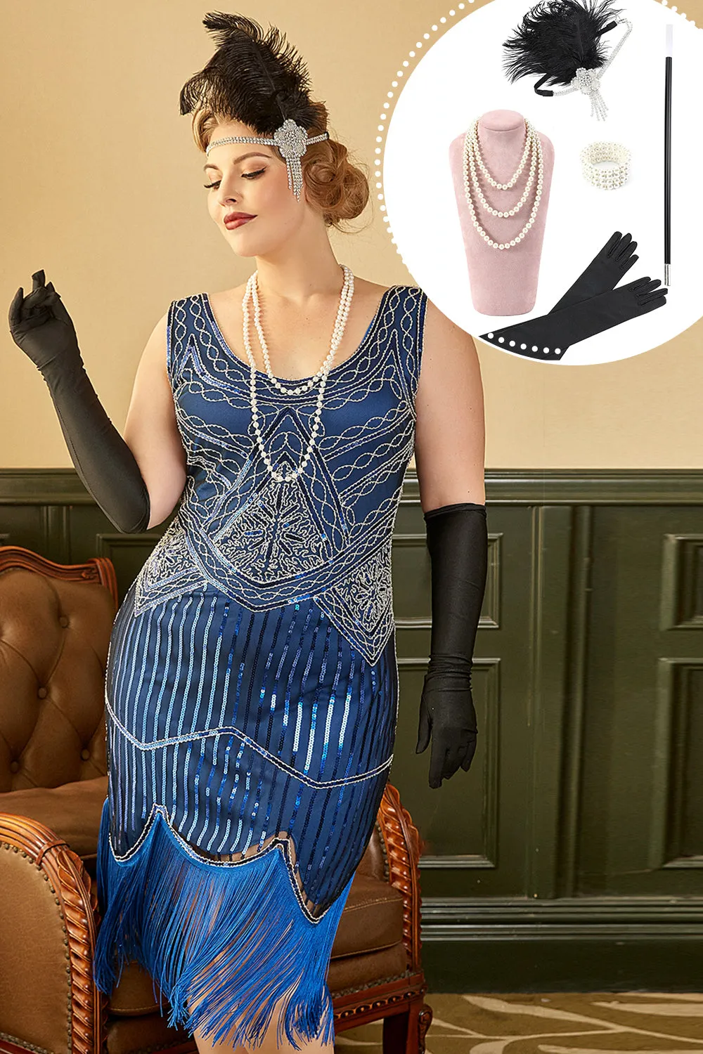 Royal Blue Sequined 1920s Plus Size Gatsby Dress with 20s Accessories Set sold by Zapaka