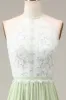Dusty Sage Halter Neck Lace and Chiffon A-line Floor Length Bridesmaid Dress sold by Zapaka