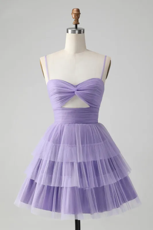 Cute Purple A Line Spaghetti Straps Tulle Tiered Short Homecoming Dress sold by Zapaka