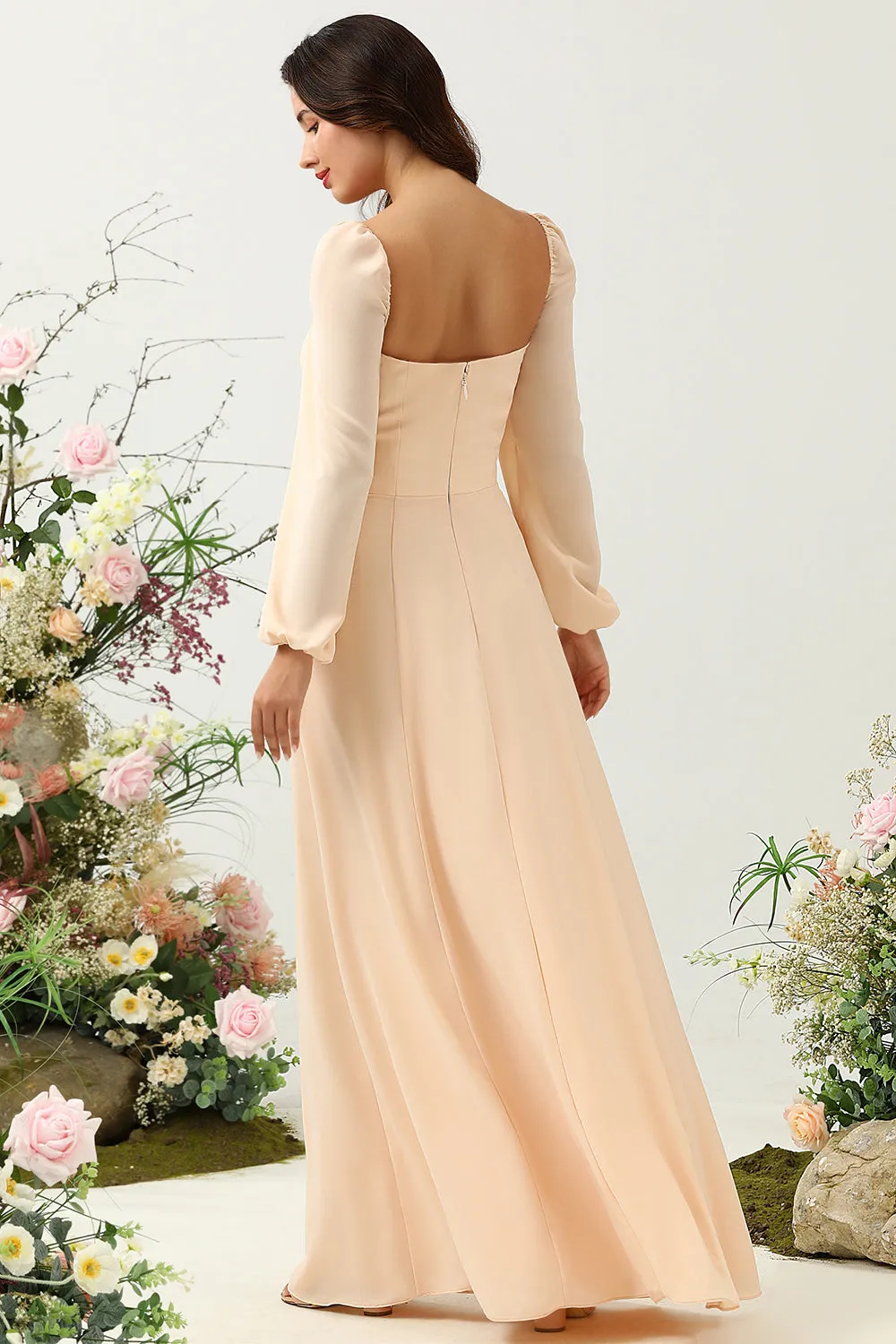 A Line Square Neck Peach Long Bridesmaid Dress with Sleeves sold by Zapaka product image thumbnail 2