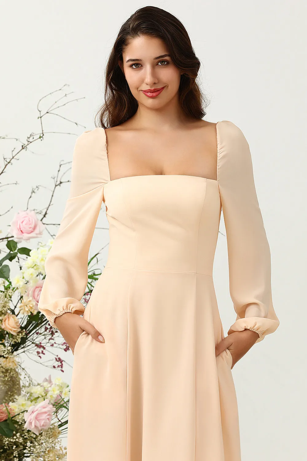 A Line Square Neck Peach Long Bridesmaid Dress with Sleeves sold by Zapaka product image thumbnail 5