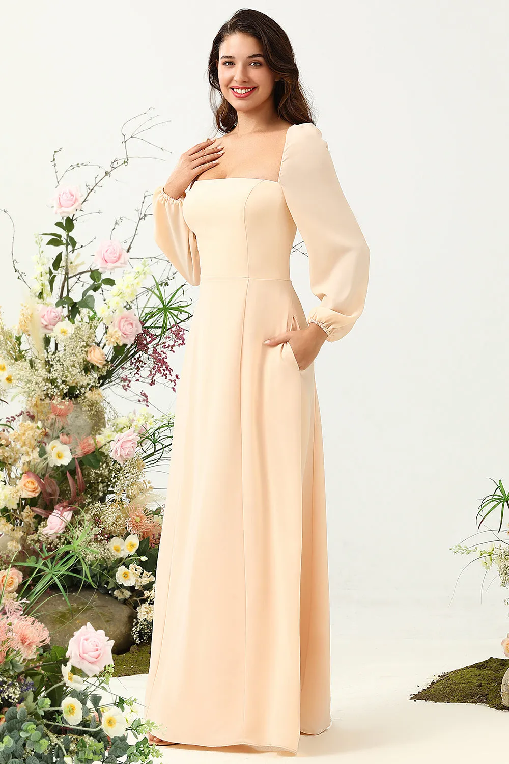 A Line Square Neck Peach Long Bridesmaid Dress with Sleeves sold by Zapaka product image thumbnail 4