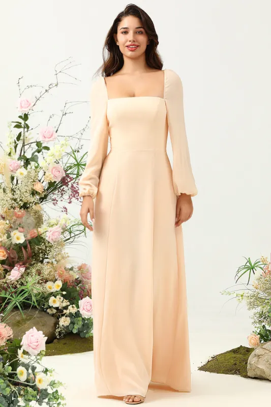 A Line Square Neck Peach Long Bridesmaid Dress with Sleeves sold by Zapaka