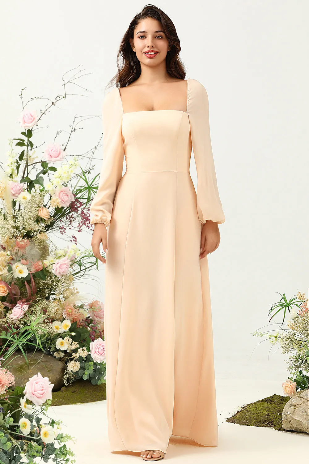 A Line Square Neck Peach Long Bridesmaid Dress with Sleeves sold by Zapaka