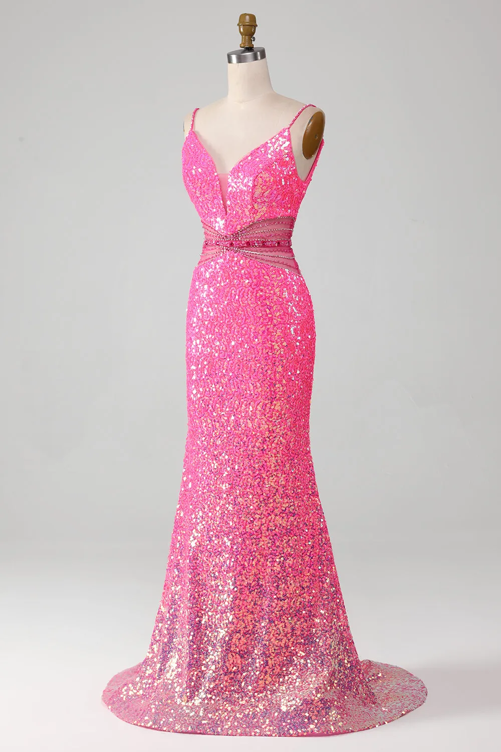 Hot Pink Spaghetti Straps Glitter Mermaid Prom Dress with Beading Waist sold by Zapaka product image thumbnail 3