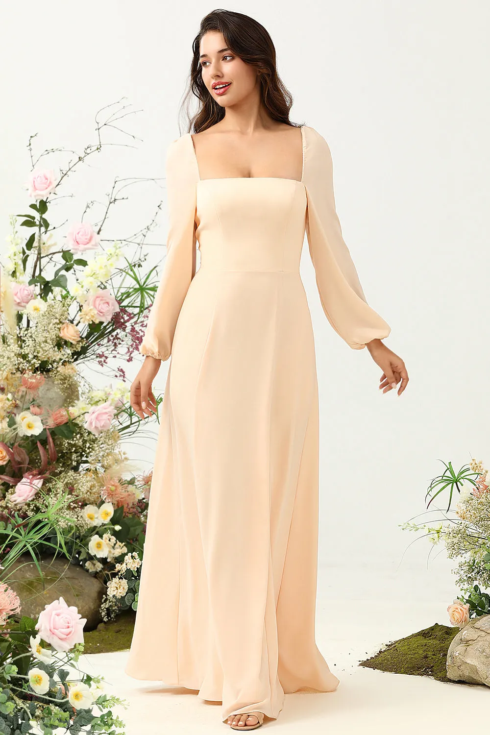 A Line Square Neck Peach Long Bridesmaid Dress with Sleeves sold by Zapaka product image thumbnail 3