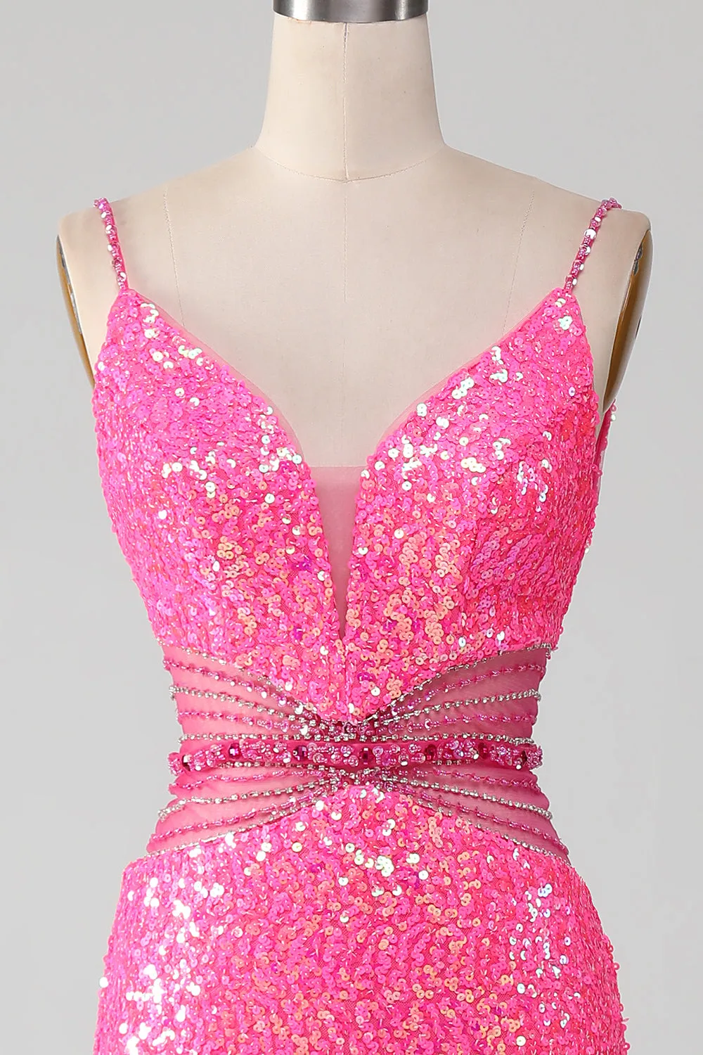 Hot Pink Spaghetti Straps Glitter Mermaid Prom Dress with Beading Waist sold by Zapaka product image thumbnail 4