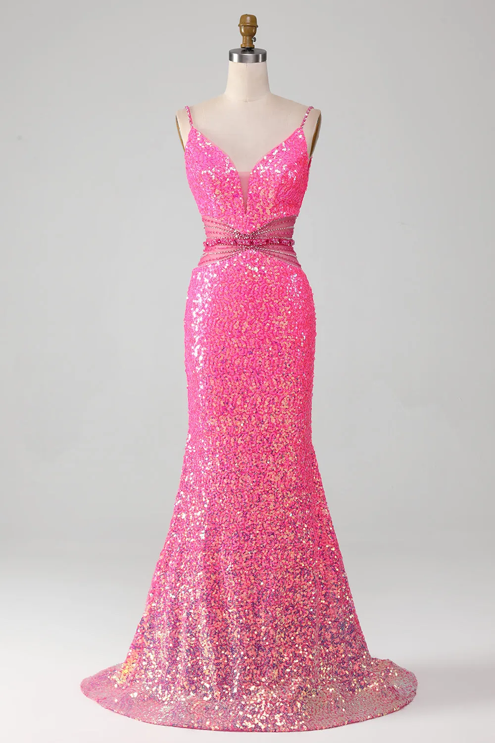 Hot Pink Spaghetti Straps Glitter Mermaid Prom Dress with Beading Waist sold by Zapaka