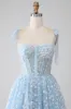 A-Line Spaghetti Straps Sky Blue Corset Prom Dress sold by Zapaka