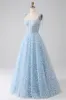 A-Line Spaghetti Straps Sky Blue Corset Prom Dress sold by Zapaka