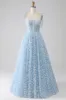 A-Line Spaghetti Straps Sky Blue Corset Prom Dress sold by Zapaka