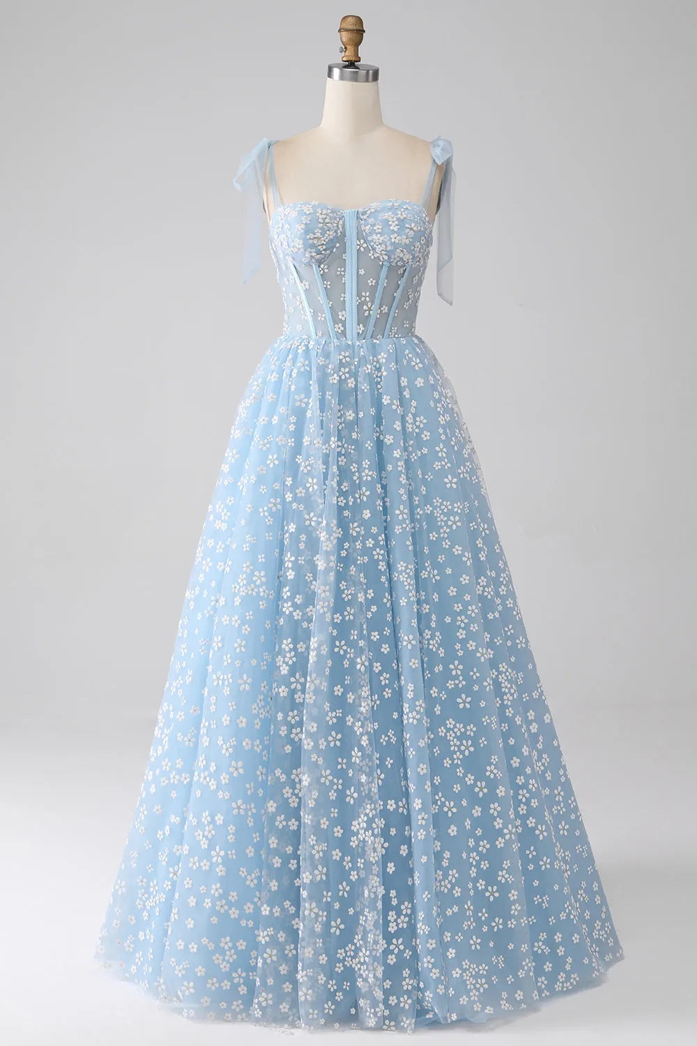 A-Line Spaghetti Straps Sky Blue Corset Prom Dress sold by Zapaka