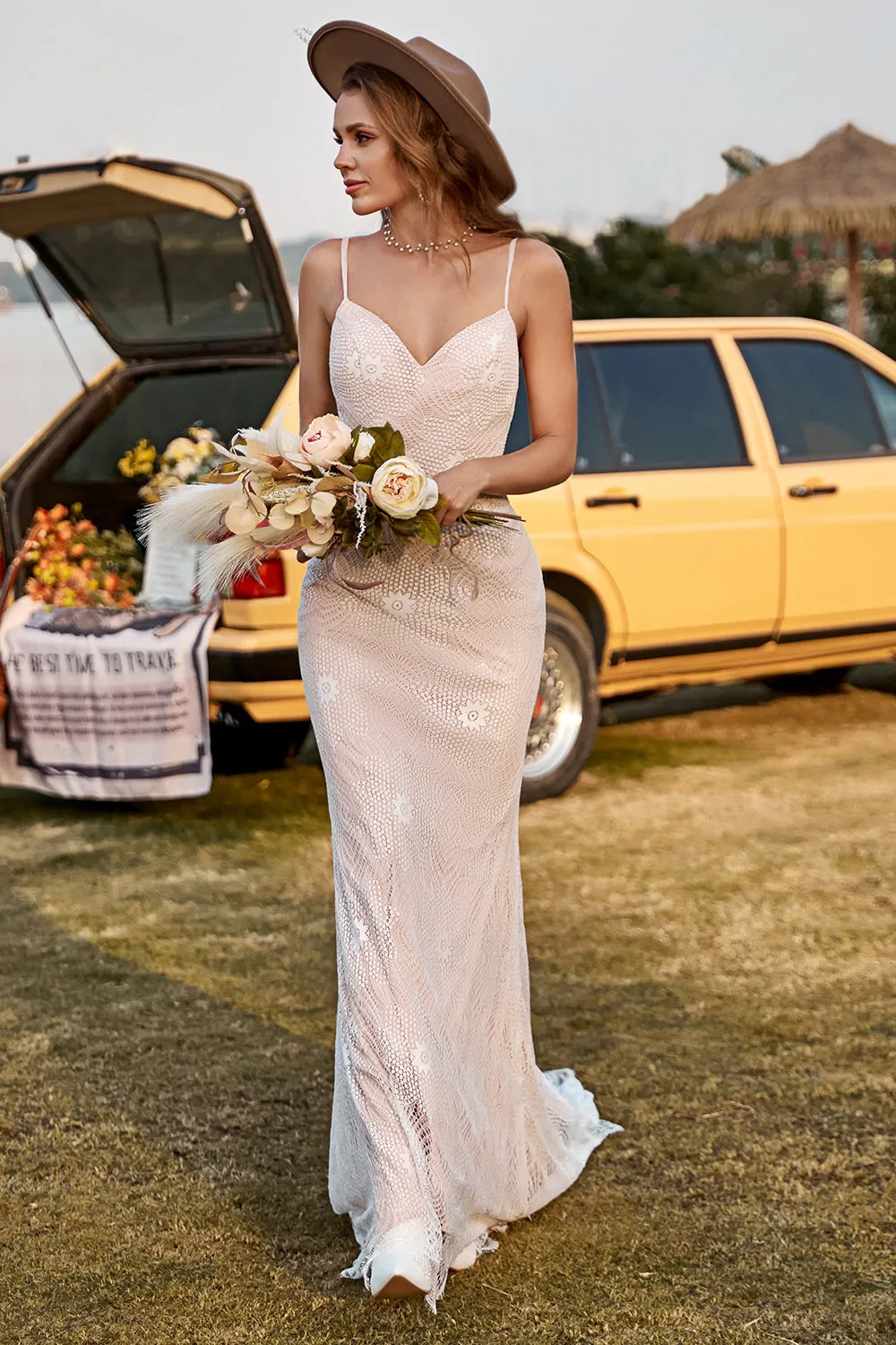 Ivory and Champagne Spaghetti Straps Mermaid Lace Beach Wedding Dress With Sweep Train sold by Zapaka product image thumbnail 4