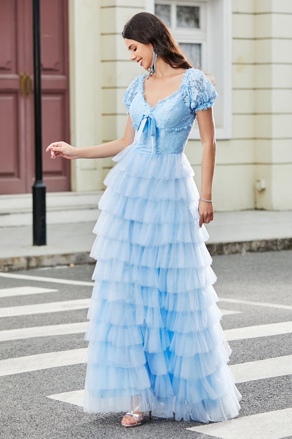 Gorgeous A Line V Neck Sky Blue Long Prom Dress with Ruffles sold by Zapaka product image thumbnail 3