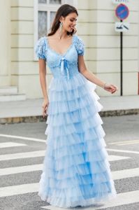 Gorgeous A Line V Neck Sky Blue Long Prom Dress with Ruffles sold by Zapaka