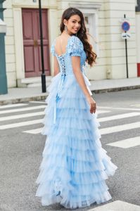 Gorgeous A Line V Neck Sky Blue Long Prom Dress with Ruffles sold by Zapaka