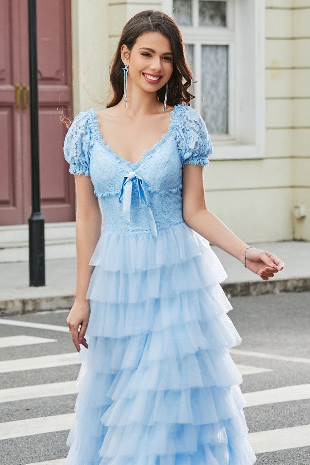 Gorgeous A Line V Neck Sky Blue Long Prom Dress with Ruffles sold by Zapaka product image thumbnail 4