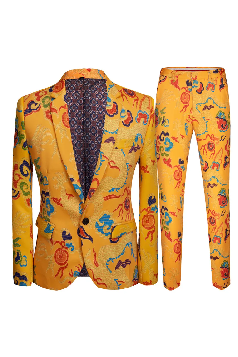 Yellow 2 Piece Notched Lapel Print Men's Suit sold by Zapaka