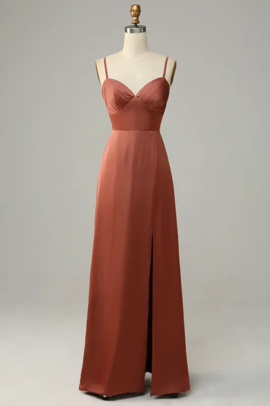 Brick Red Sheath Spaghetti Straps Satin Bridesmaid Dress With Slit sold by Zapaka