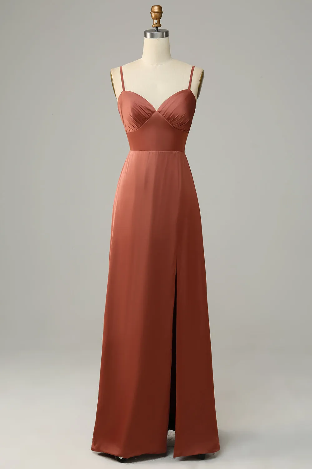 Brick Red Sheath Spaghetti Straps Satin Bridesmaid Dress With Slit sold by Zapaka