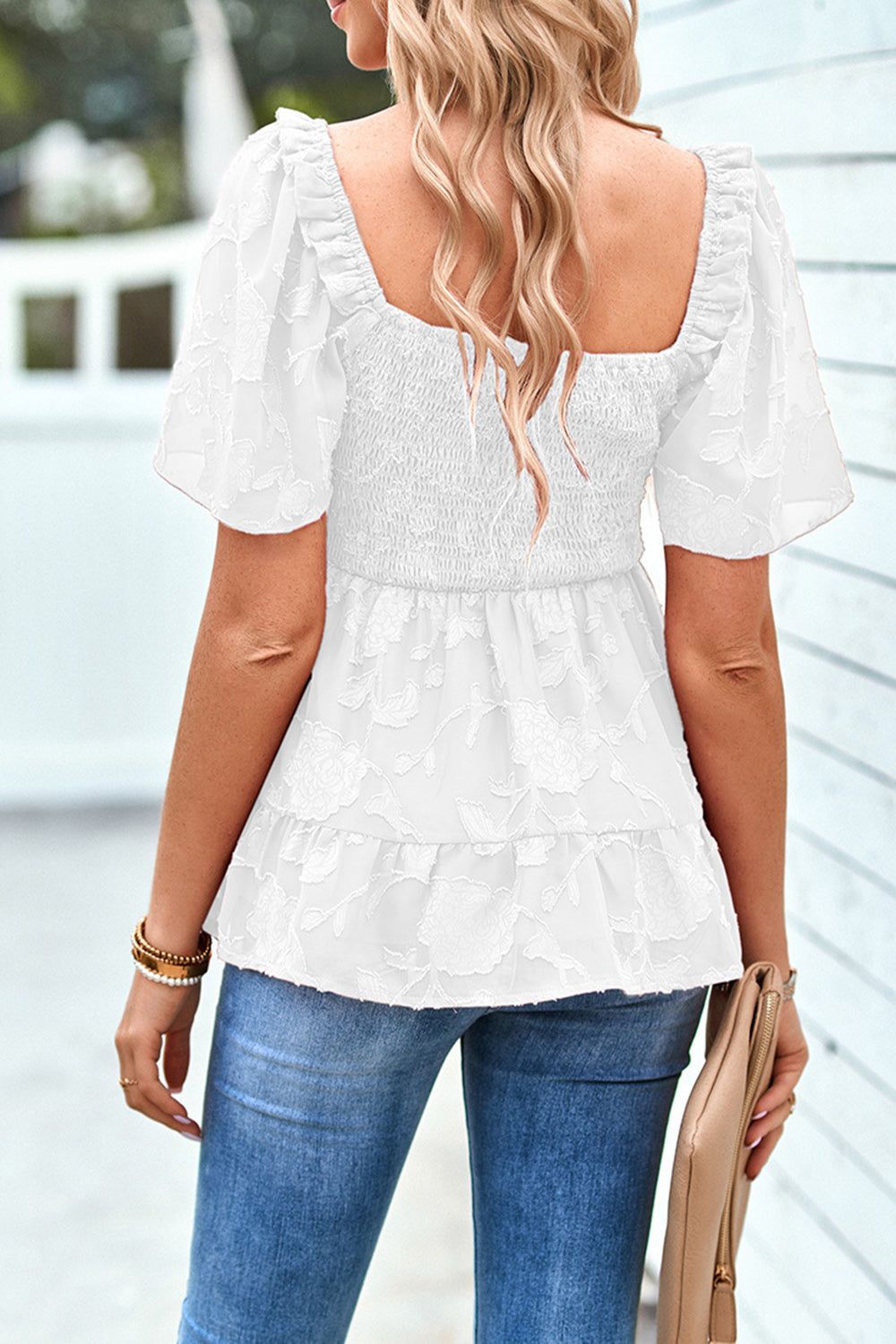 White Square Neck Short Sleeves Shirt With Appliques sold by Zapaka product image thumbnail 2