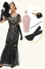 Black Beaded Long Flapper Dress with 1920s Accessories Set sold by Zapaka