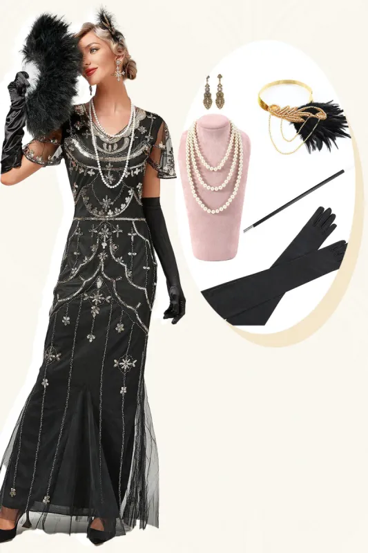 Black Beaded Long Flapper Dress with 1920s Accessories Set sold by Zapaka