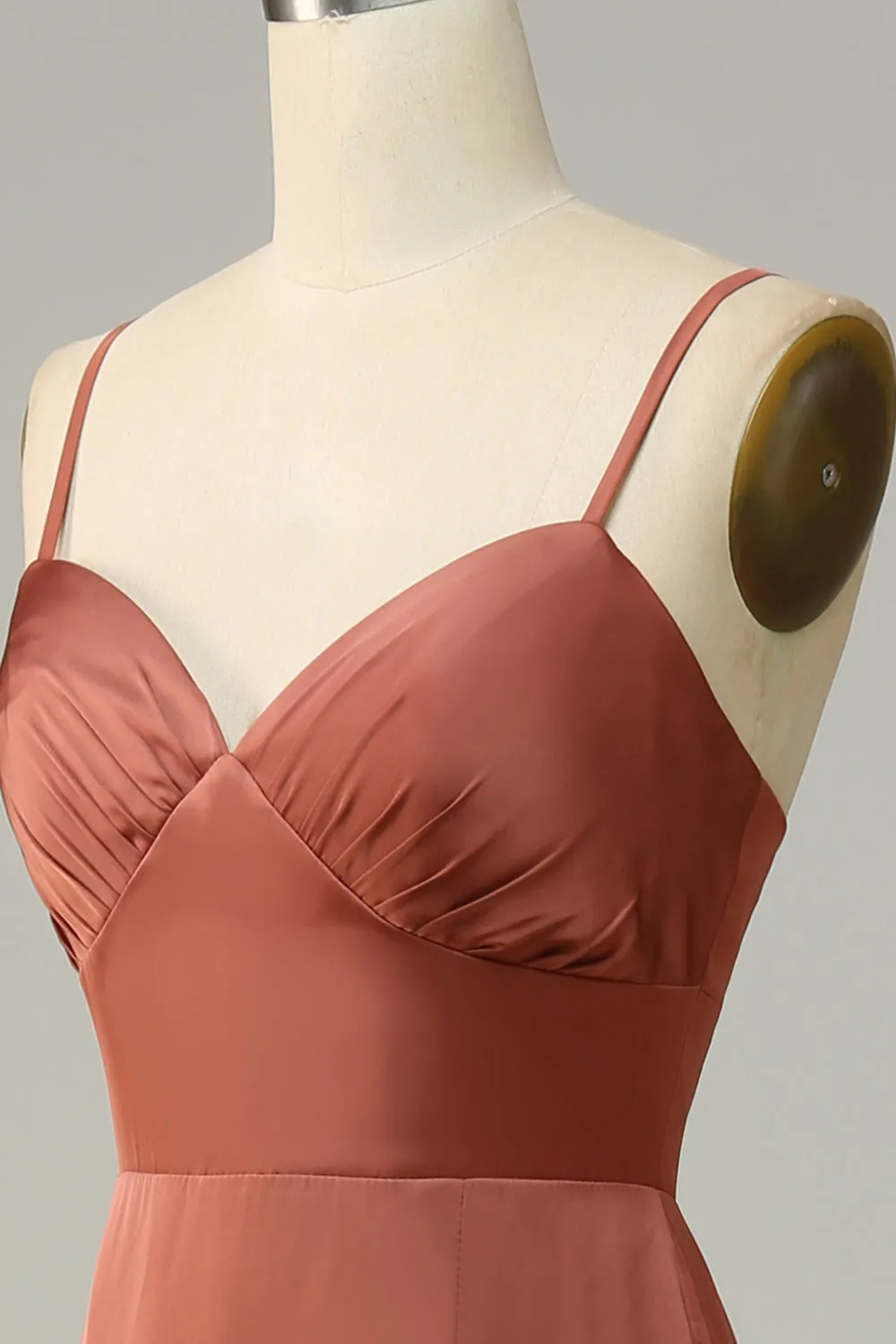 Brick Red Sheath Spaghetti Straps Satin Bridesmaid Dress With Slit sold by Zapaka product image thumbnail 5