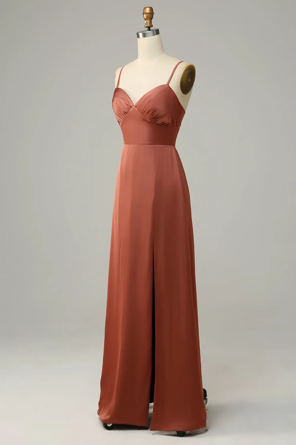 Brick Red Sheath Spaghetti Straps Satin Bridesmaid Dress With Slit sold by Zapaka product image thumbnail 3