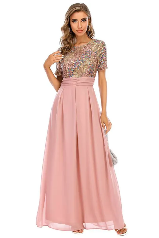 Blush Sequin A-line Round Neck Short Sleeves Long Evening Dress made by Zapaka